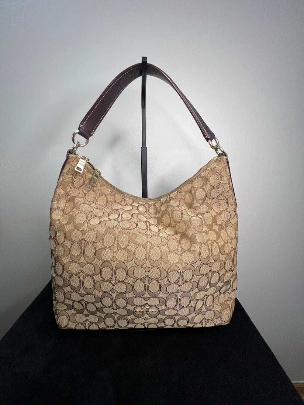 Coach F55365 Signature Canvas Zip Hobo Shoulder Bag Khaki Brown Leather Trim